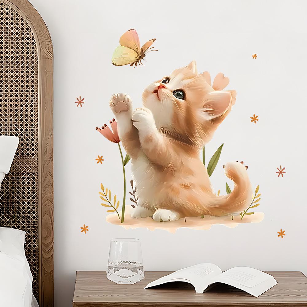 Cute Orange Cat with Butterfly Removable Waterproof Wall Stickers, Self-Adhesive Decor for Kids Room Bedroom Decoration