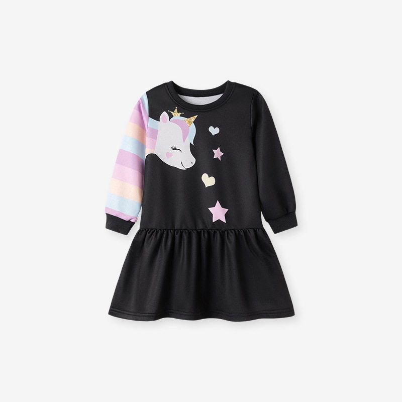 Cartoon Unicorn Girls  Long-Sleeved Dress Spring and Autum Kidsren s Clothing Cute Kidsren s Sweatshirt Skirt Baby Princess Dress Ks054 7Y(140cm)/