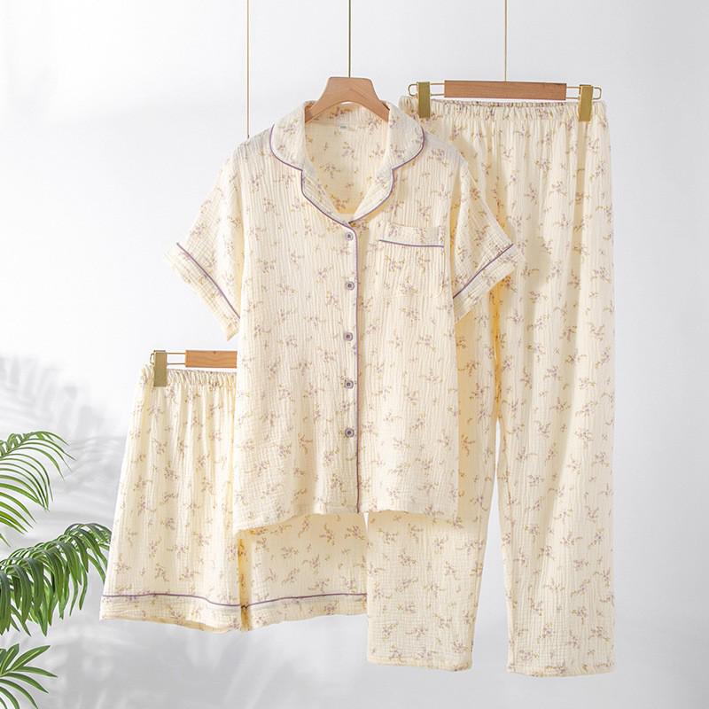 Women's Three-Piece Pure Cotton Gauze Pajama Set - Short Sleeve and Long Pants