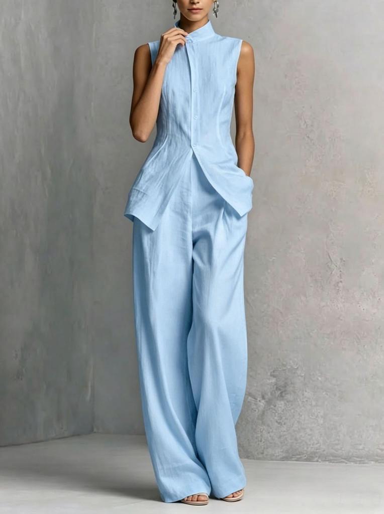 2026 European and American Amazon Cross-border Independent Site Draped Cotton-Linen Shirt Solid Color Fashionable Elegant Sleeveless Long Pants Set