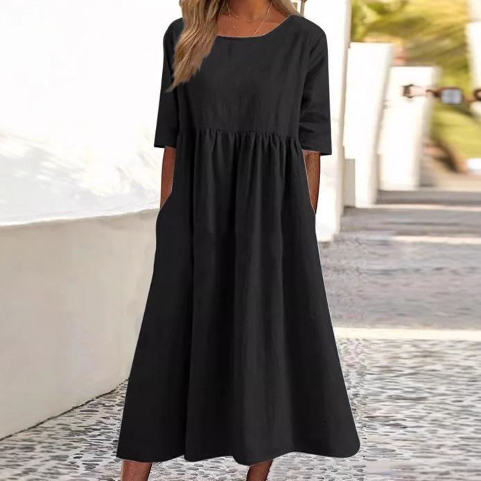 Cross-border foreign trade spring and summer new round neck 5-point sleeve large size casual loose long solid color cotton and linen dress