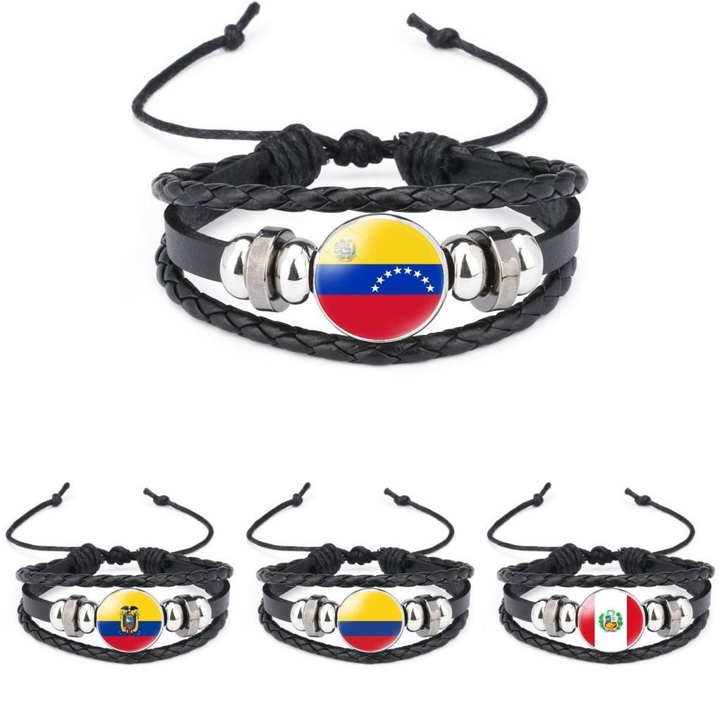 Unique South American Flag Time Gem Black Leather Multilayer Braided Bracelet