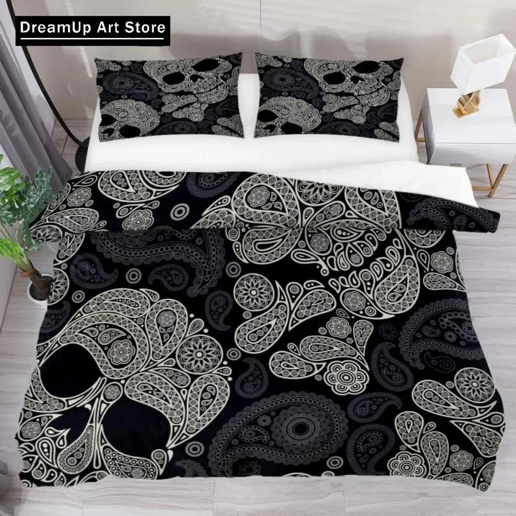 Black Skull Skeleton Bedding Set Paisley Floral Gothic Luxury Soft Bedding Set Bed Set Quilt Cover Twin Single Queen King Size