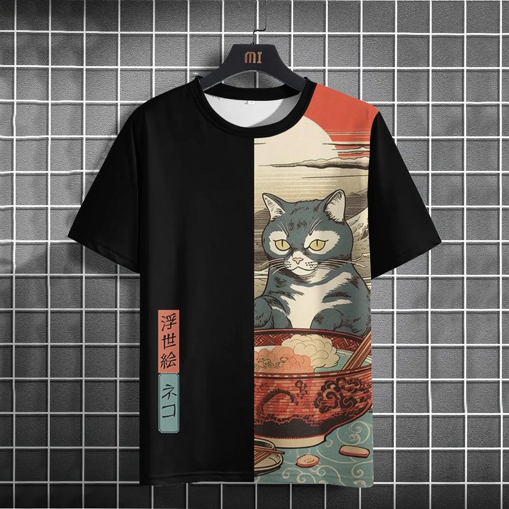 New Trend Cartoon Graphic T Shirt Japanese samurai Ninja Cat 3D Printed Funny Tshirts For Men Clothing Fashion Loose O Neck Tops