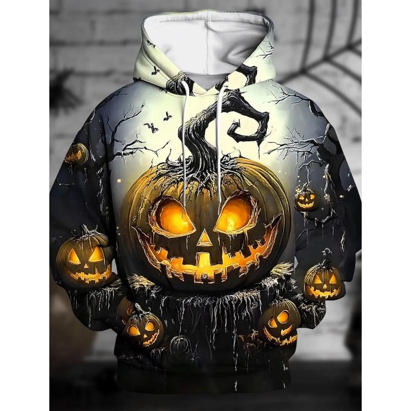 Men Halloween Scary Pumpkin Lantern 3D Print Hoodie Spooky Tree Bat Pullover Sweatshirt Holiday Party Hooded Tops