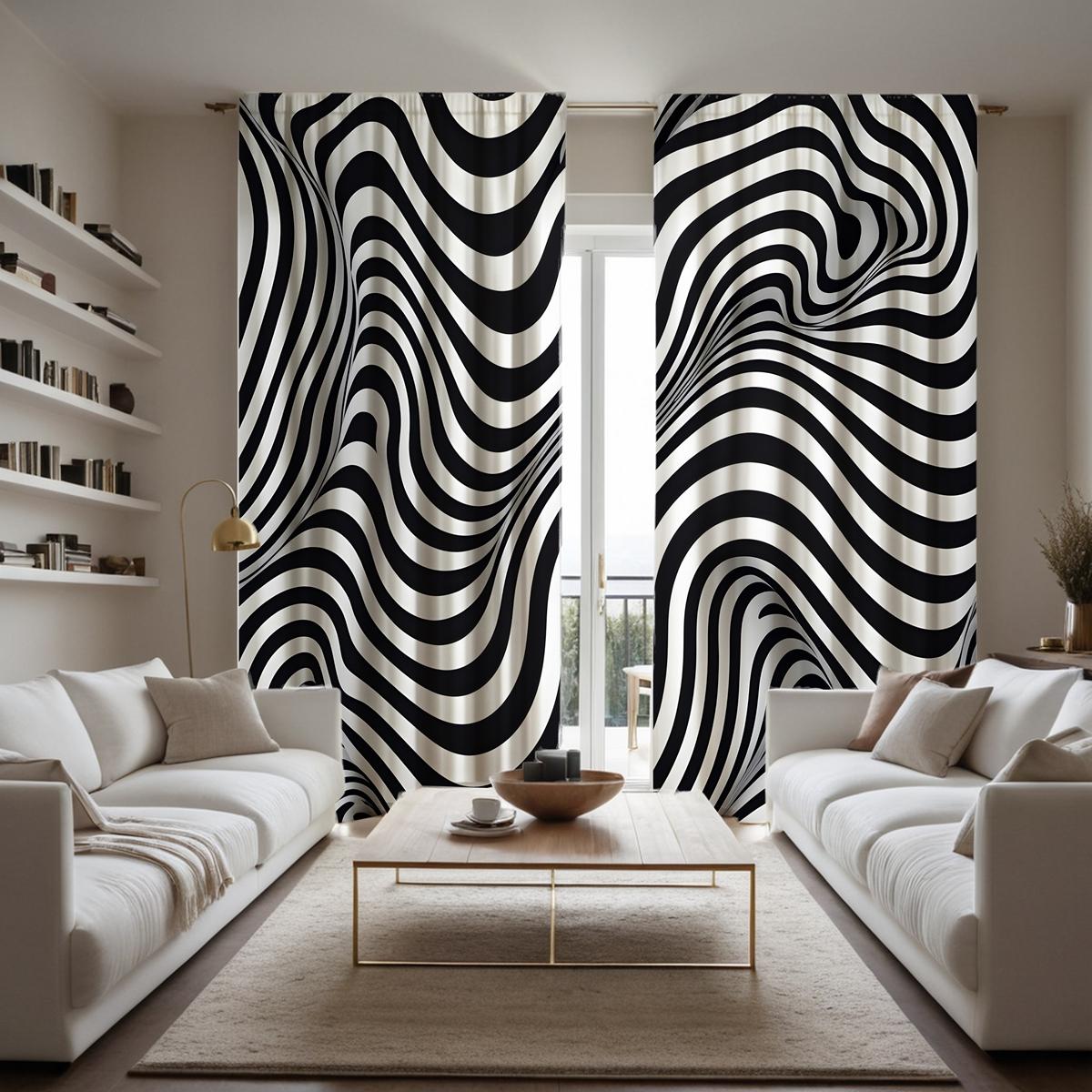 

2 шт. HD черно-белые волнистые геометрические декоративные занавески Черные занавески с цифровой печатью Стиль украшения для дома Украшение W52H63inchW132H160cm