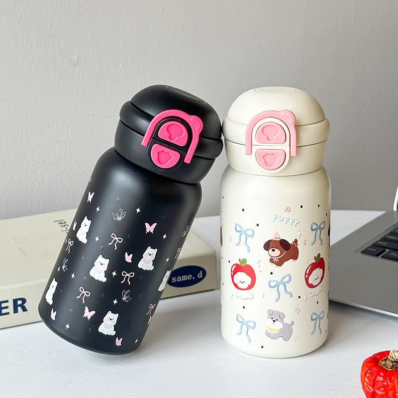 Cartoon cute double drink thermos cup portable elastic cover straw water cup boys and girls planet cat stainless steel