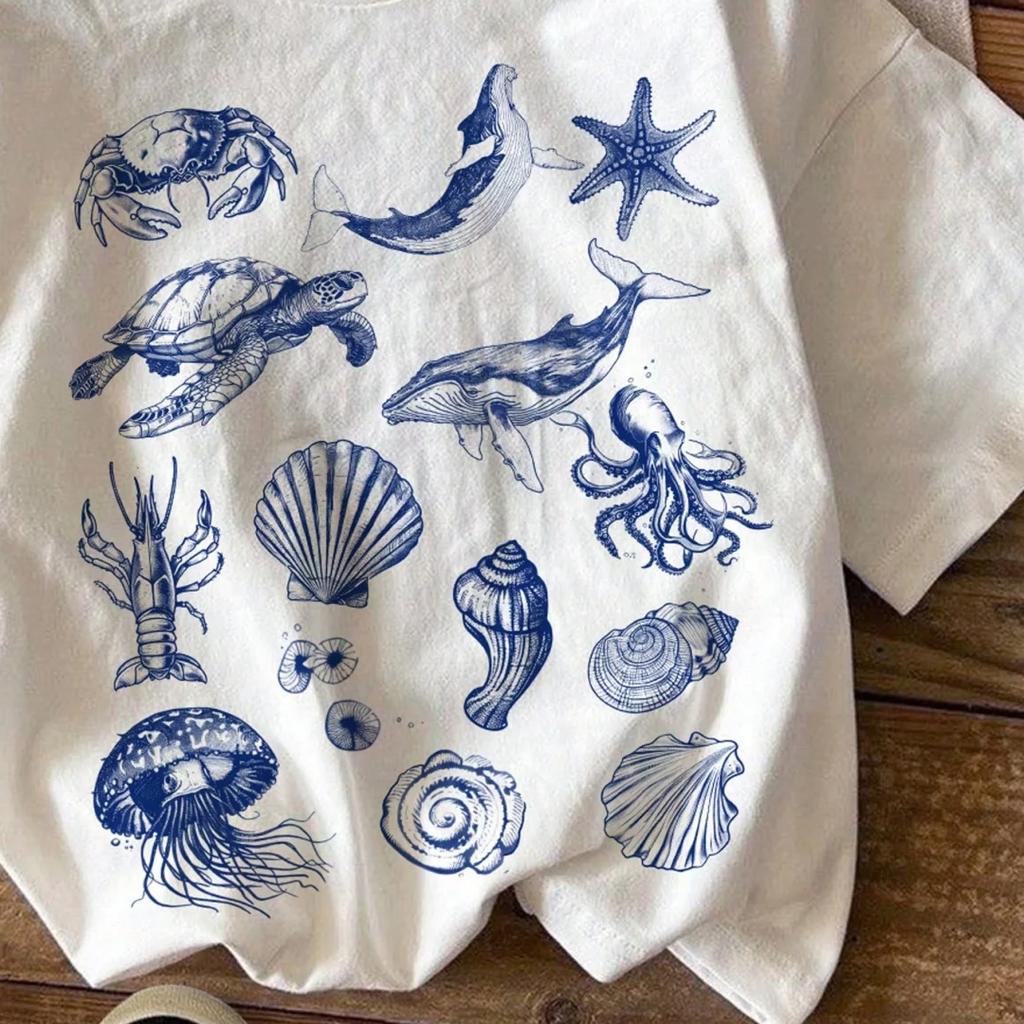 Casual Simple Cartoon Marine Life Print T-shirt Casual Versatile Short-sleeved Women Round Neck T-shirt Y2k Top Women Clothing