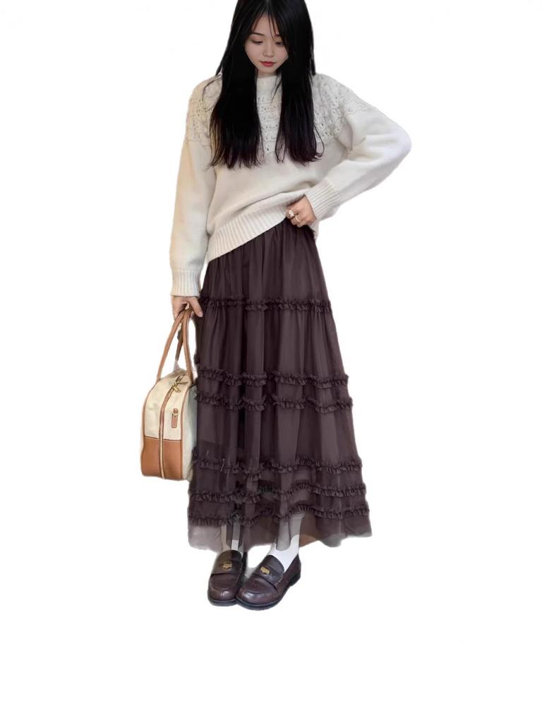 Elegant Korean Style Lace and Gauze Puffy Skirt - 2026 Early Spring/Autumn Collection