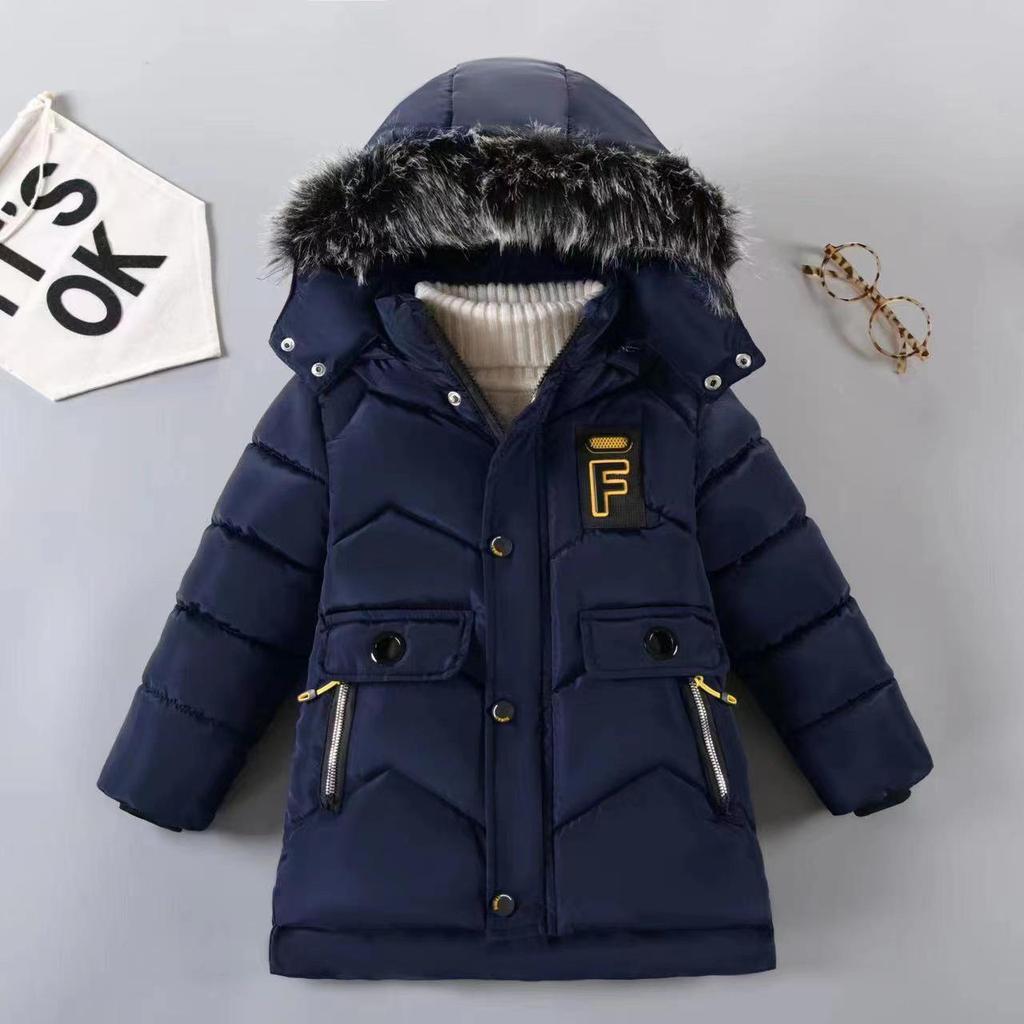 Boys' Winter 2024 Mid-Length Cotton Coat: Korean Style, Thickened, Fleece-Lined, Big Fur Collar, for Small and Medium Children.