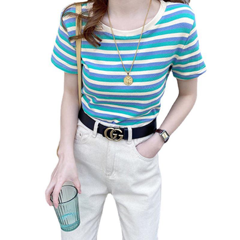 2025 Summer Striped Short-Sleeve Slim-Fit Korean T-Shirt for Women