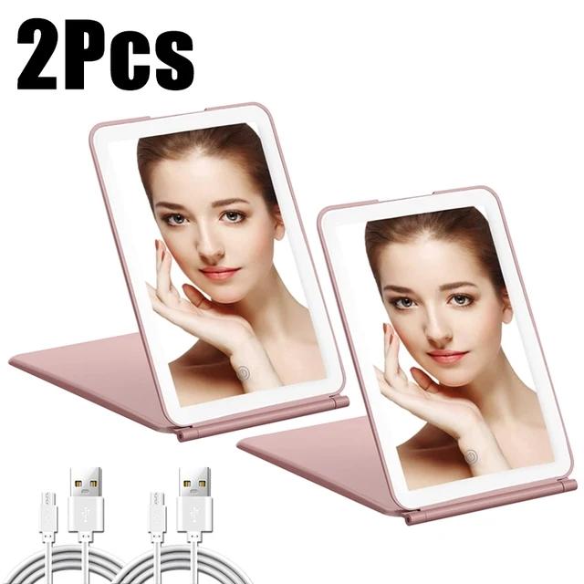 Portable Foldable Travel Makeup Mirror With Led Light Infinite Dimming Bedroom Vanity Mirrors Usb Rechargeable Make Up Tools