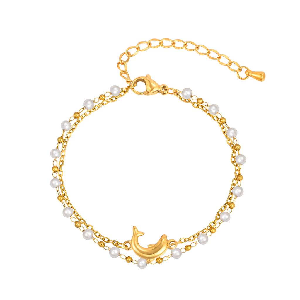 Stainless Steel Dolphin Double Stacked Gold Bracelet Ladies Elegant Jewelry 2435