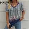 Summer Casual Loose Short Sleeve T Shirt Vintage V-Neck Flowers Printed Women's Tee Tops Plus Size Ladies T-Shirt Clothing
