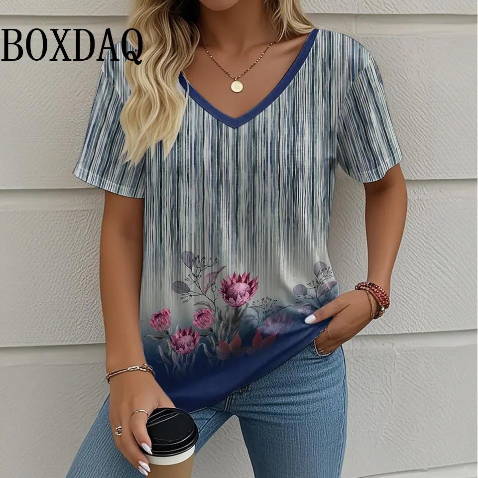 Summer Casual Loose Short Sleeve T Shirt Vintage V-Neck Flowers Printed Women's Tee Tops Plus Size Ladies T-Shirt Clothing
