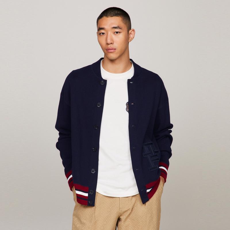 Tommy Hilfiger Cotton Heavyweight Letter Embroidered Logo Loose Baseball Collar Knitted Cardigan Men Outerwear Navy-Blue MW0MW33090