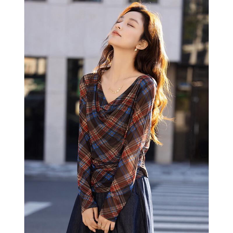 Demana Women s Retro Cowl Neck Ruched Mesh Plaid T-Shirt M