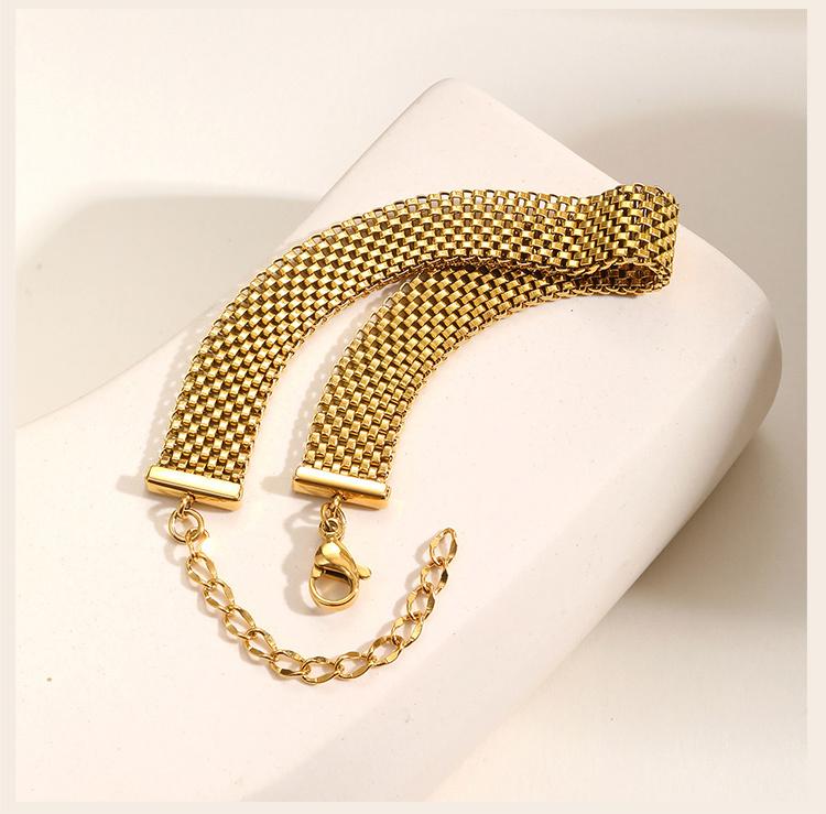 Stainless Steel Chain Women Bracelet, Wide Brand Mesh Link Adjustable Wristband, 18k PVD Gold Plated Vintage Jewelry
