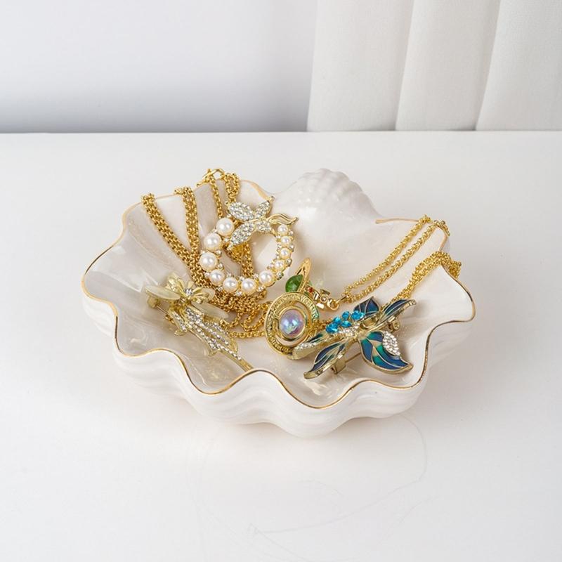 White Ceramic Shell Shaped Jewelry Tray Holder with Irregular Designs Perfect for Storing Necklaces Bracelets Earrings Rings