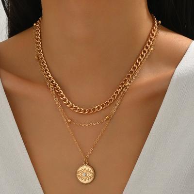 Fashion Demon's Eye Round Pendant Necklace Women's Thick Chain Coin Diamond Clavicle Chain
