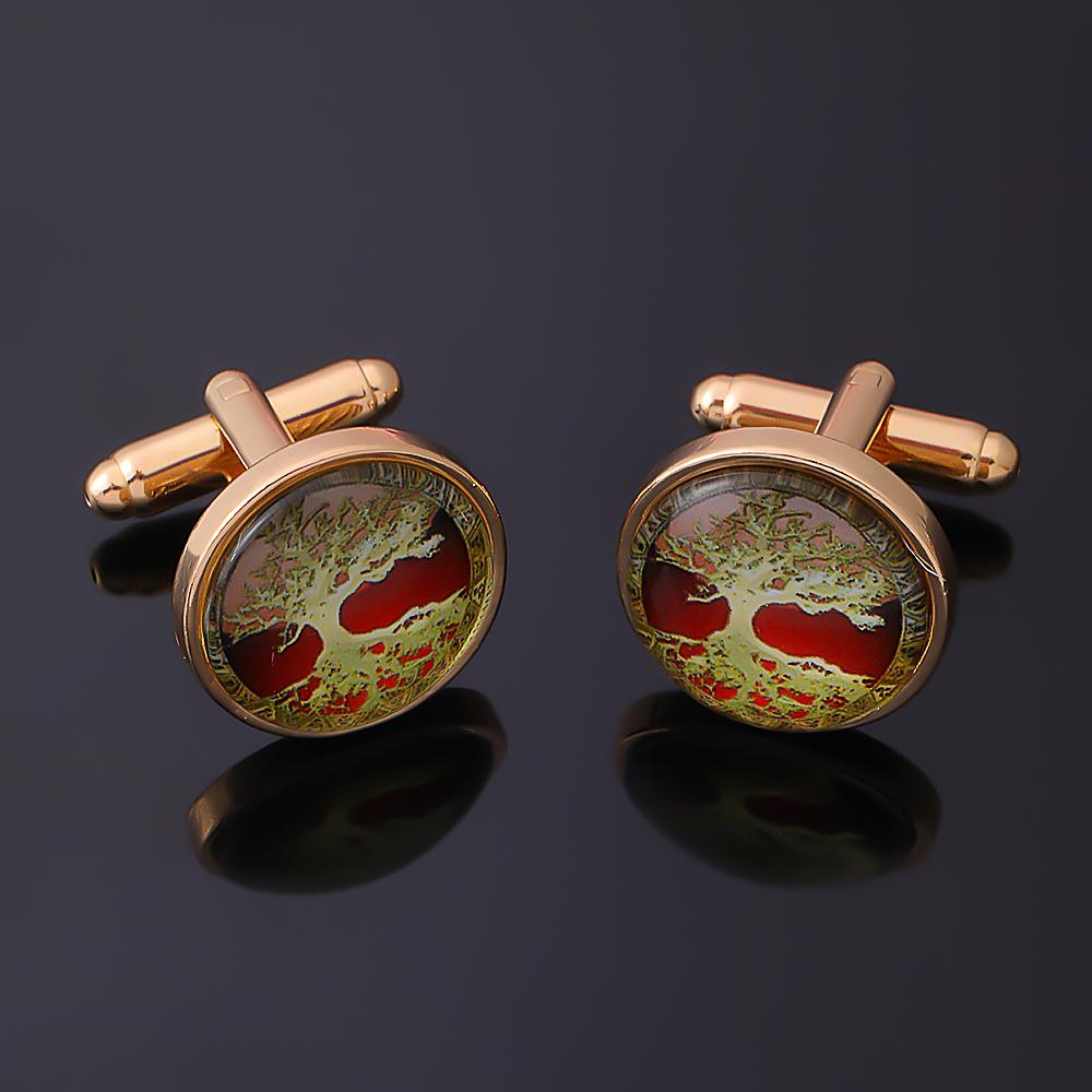 Classic Mens Glass Cabochon World Tree Cufflinks Golden And SIilver Tone Time Gem Round Sleeve Button