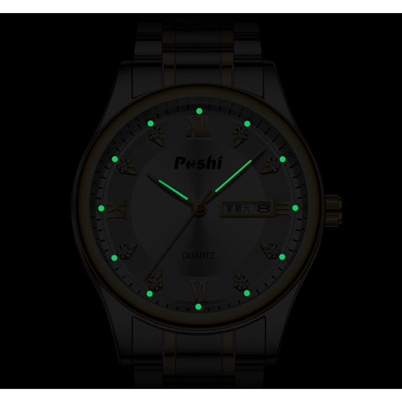 POSHI Men's Electronic Quartz Watch Waterproof Luminous Double Calendar Large Dial Stainless Steel Men's Watch