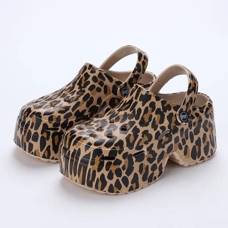 

Ladies Summer Super High Wedge Heel Slippers Female Leopard Thick Bottom Clogs for Ladies Closed Toe Chunky Platform Sandals 37-38