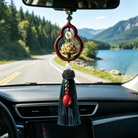 Čínská šťastná závěsná ozdoba do auta Dřevěný přívěsek tykev s třásní Tradiční Feng Shui přívěsek do auta pro příslušenství zpětného zrcátka