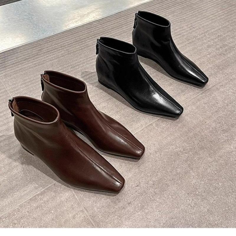 New Sring Autumn Fashion Pointed Toe Anke Boots Side Zipper Designer Short Flat Boots Elegant Leather Women Shoes Sexy Boot