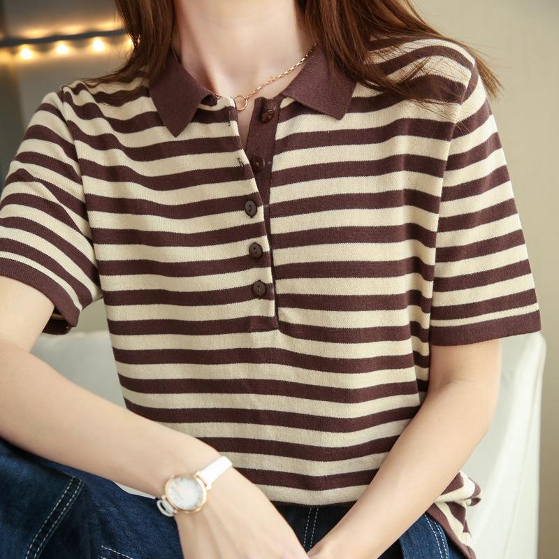 IHUASU Women's POLO Neck Striped Cotton T-shirt Women's Pullover Cotton Linen Short Half Sleeve Knitted Bottom Shirt
