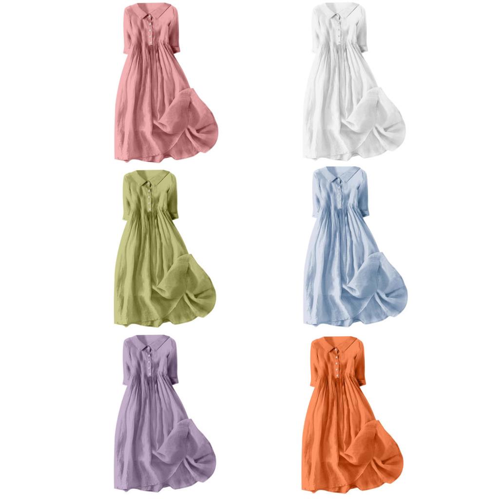 Women's Shirt Collar Button Front Midi Dress with Belt Casual A-Line Summer Dress Multiple Colors