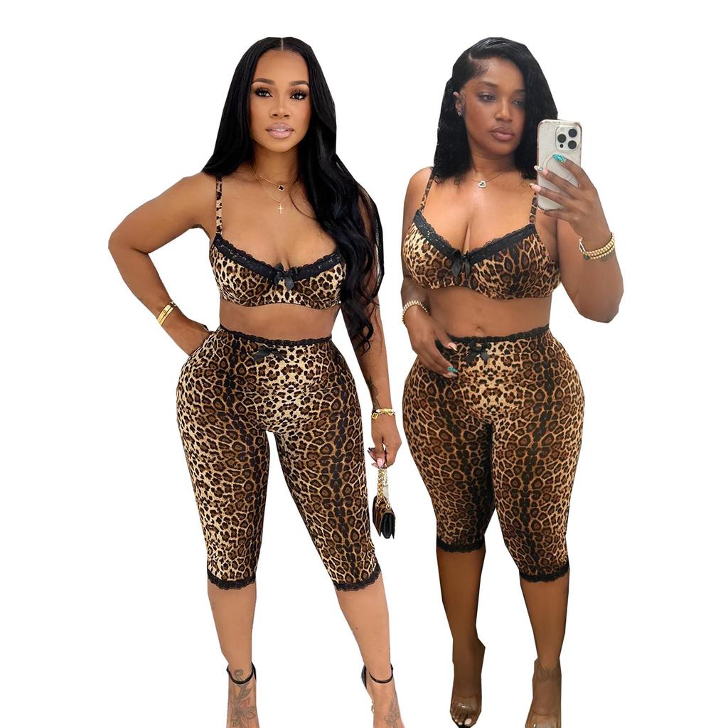European & American Fashion Leopard Print Bra with Lace Trim & Cropped Pants Set