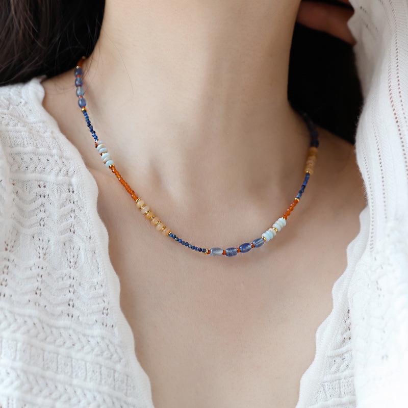 Náhrdelník z lapisu lazuli inspirovaný Dunhuangem: Modrý a oranžový inkoustový řetízek na klíční kost v čínském stylu