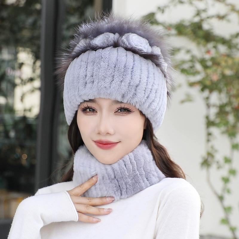 Fur Rex Rabbit Hair Hat Women's Winter Neck Cover Two-piece Warm Korean Version Fashion Beautiful Mom Snow Hat Travel