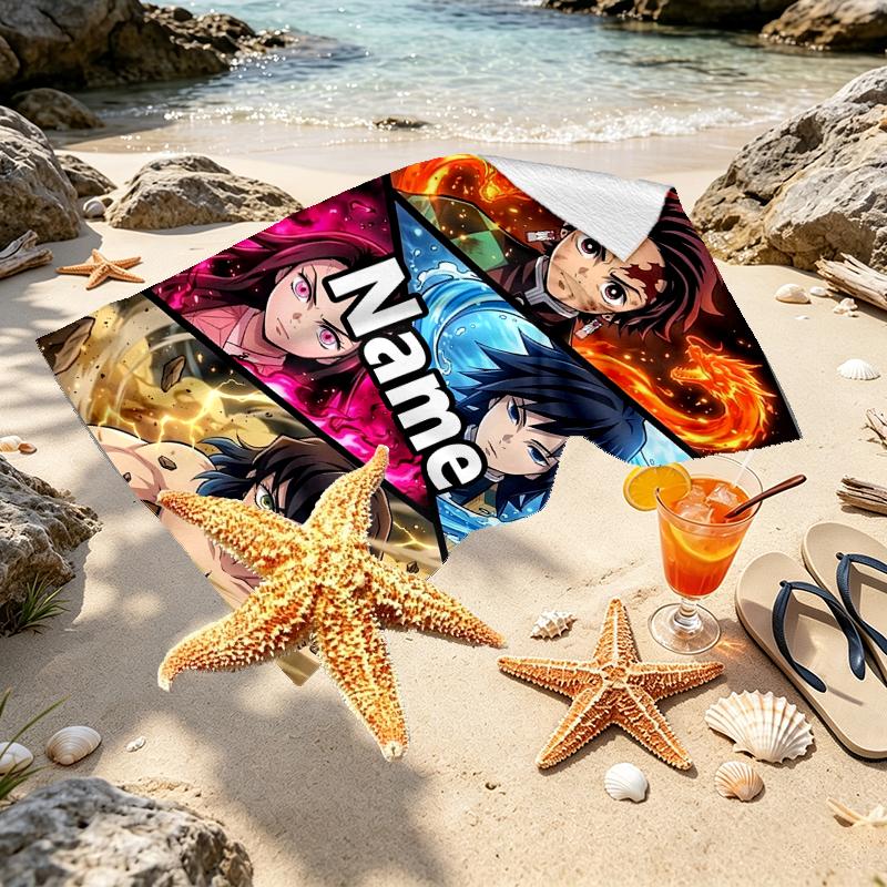 Custom Name Personalized Demon Slayer Print Beach Towel, for Trip Camping Beach Party Home Decor, Birthday Gift for Family & Friends