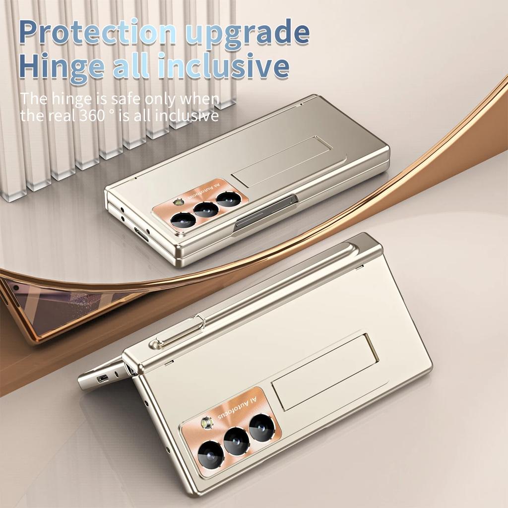 Luxury Phone Case with Pen for Samsung Galaxy Z Fold 4 5 6 7 Electroplated Glass Film Hinge Protection Cover