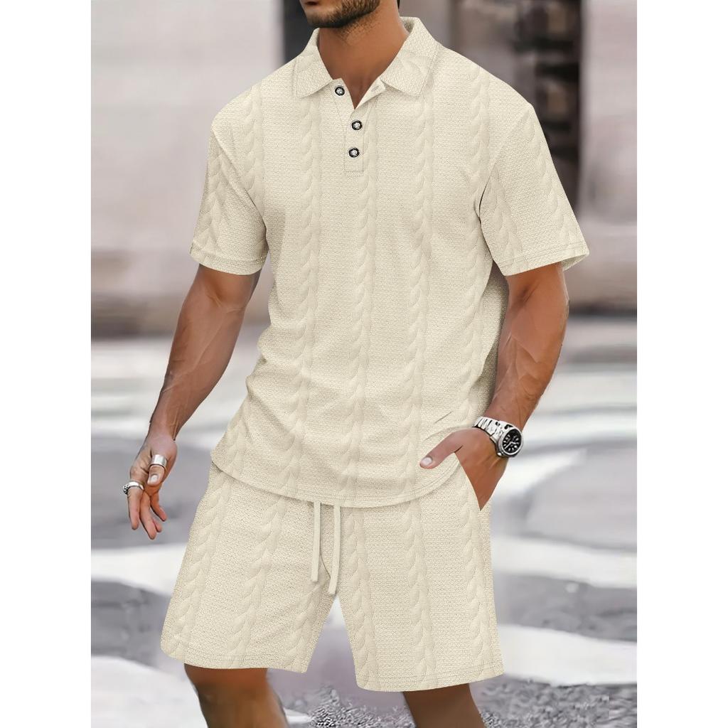 Summer Men's New Jacquard Button Solid Color Lapel Short-sleeved T-shirt Shorts Casual Suit