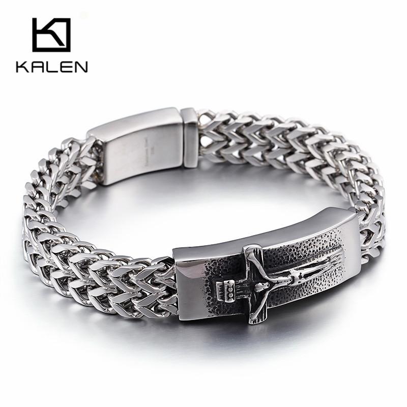 Kalen Classic Christian Jesus Cross Charm Bracelets on Hand for Men Stainless Steel Mesh Chain Link Armband Prayer Jewelry