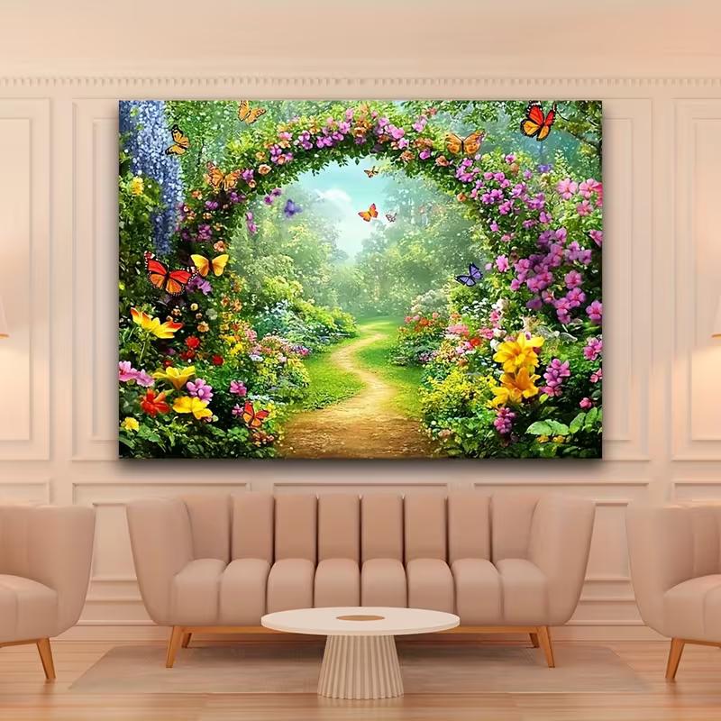 2D Blumenbogen Kulisse, Verzauberter Garten mit Schmetterlingen Fotografie Hintergrund für Alle Anlässe
