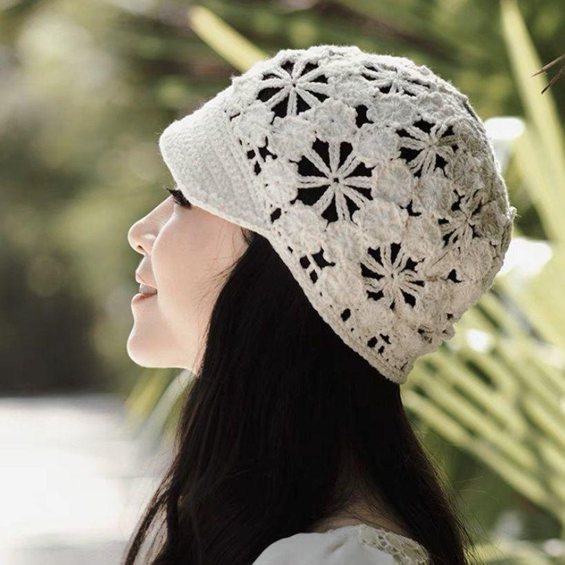 Women's Handmade Hollow Knit Visor Beanie Short Brim Face Slimming Head Wrap Hat Elegant Hair Loss Covering Cap
