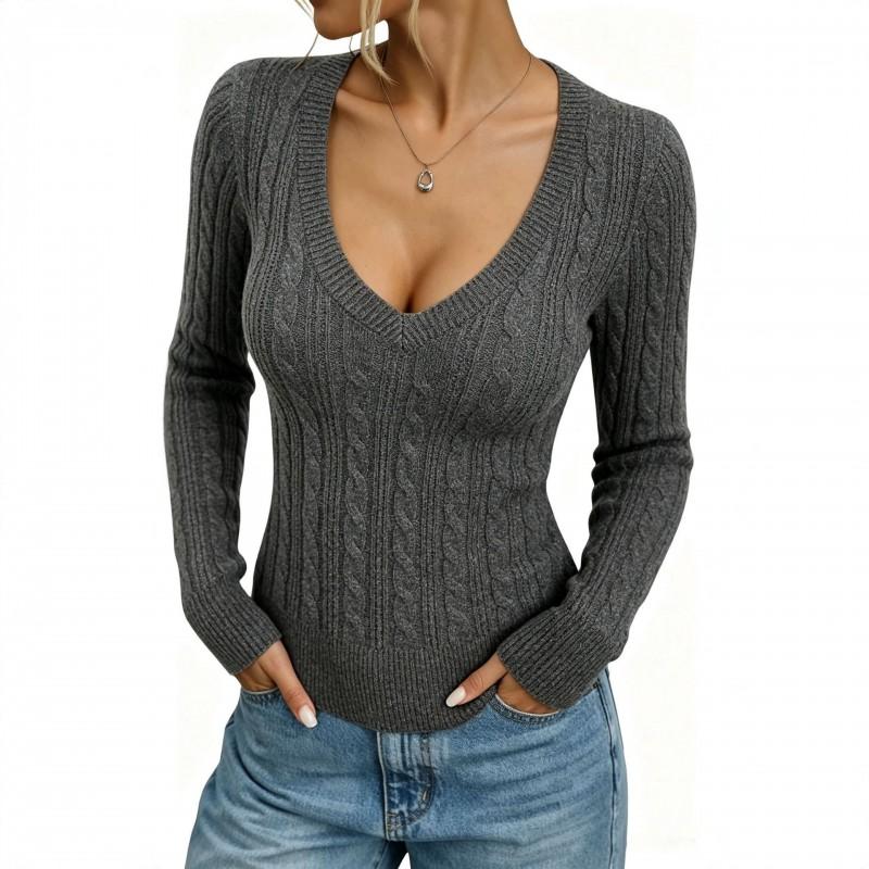 Womens Slim Fit V-Neck Knit Top Long Sleeve Twist Sweater Casual Versatile 2026