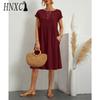 HNXC Women's Fashion Summer Spring Solid Color Print O-Neck High Waist Casual Dresses
