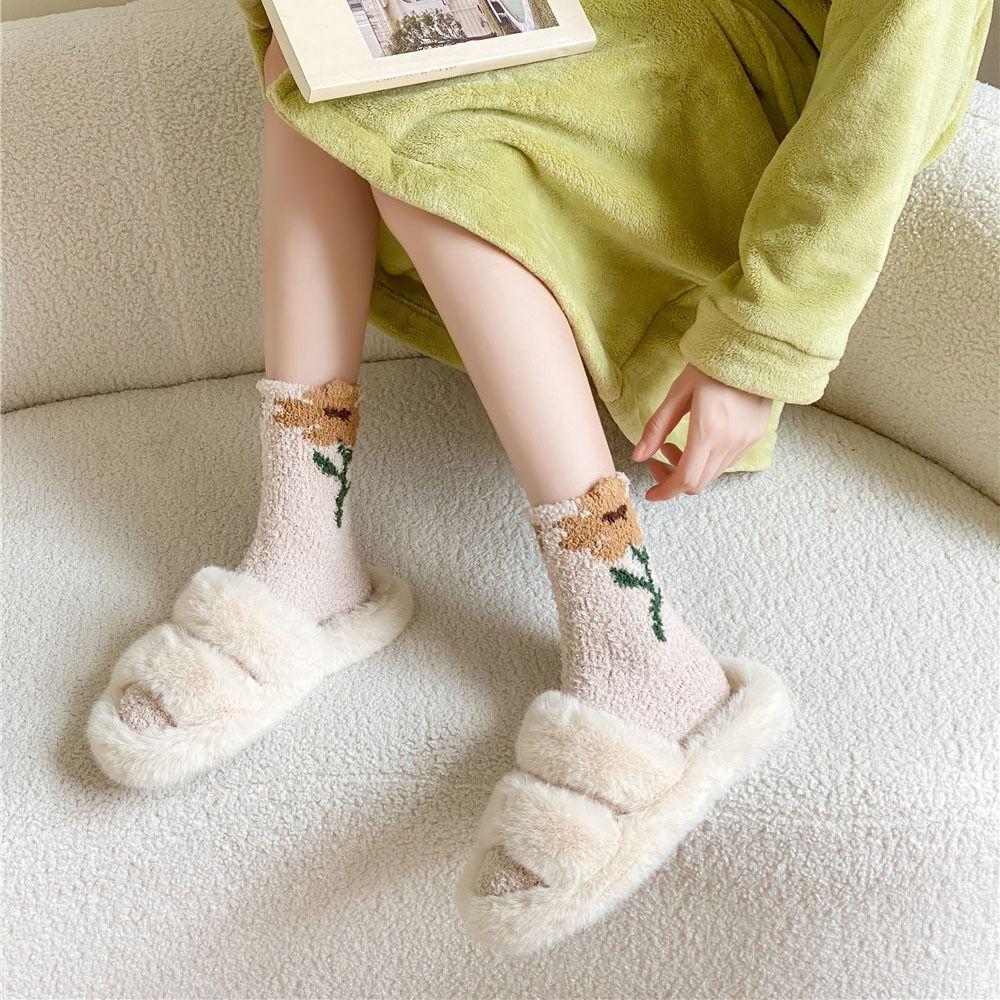 6Pairs Thickened Coral Fleece Socks Flower Warm Socks Women Floor Plush Socks For Female Men
