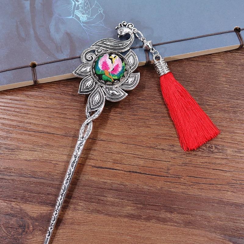 Vintage embroidery earrings hairpin classical temperament Miao peacock flower fringed earrings hair accessories set women