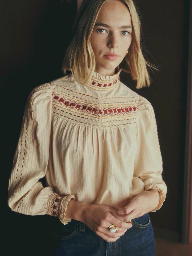 Women's Retro Ruffled Apricot Red Embroidered Long-Sleeve Shirt for Spring/Summer 2026