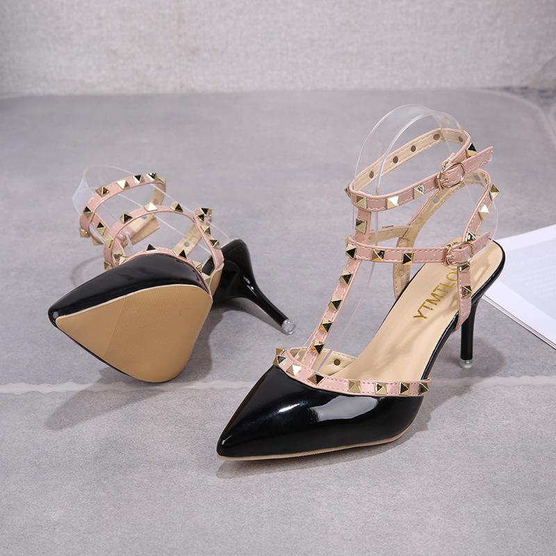 Fashion Women's Shoes Rivets Sandals Female Summer Thick with Fine with High-heeled Shoes Pointed Stiletto Sexy Nightclub Shoes