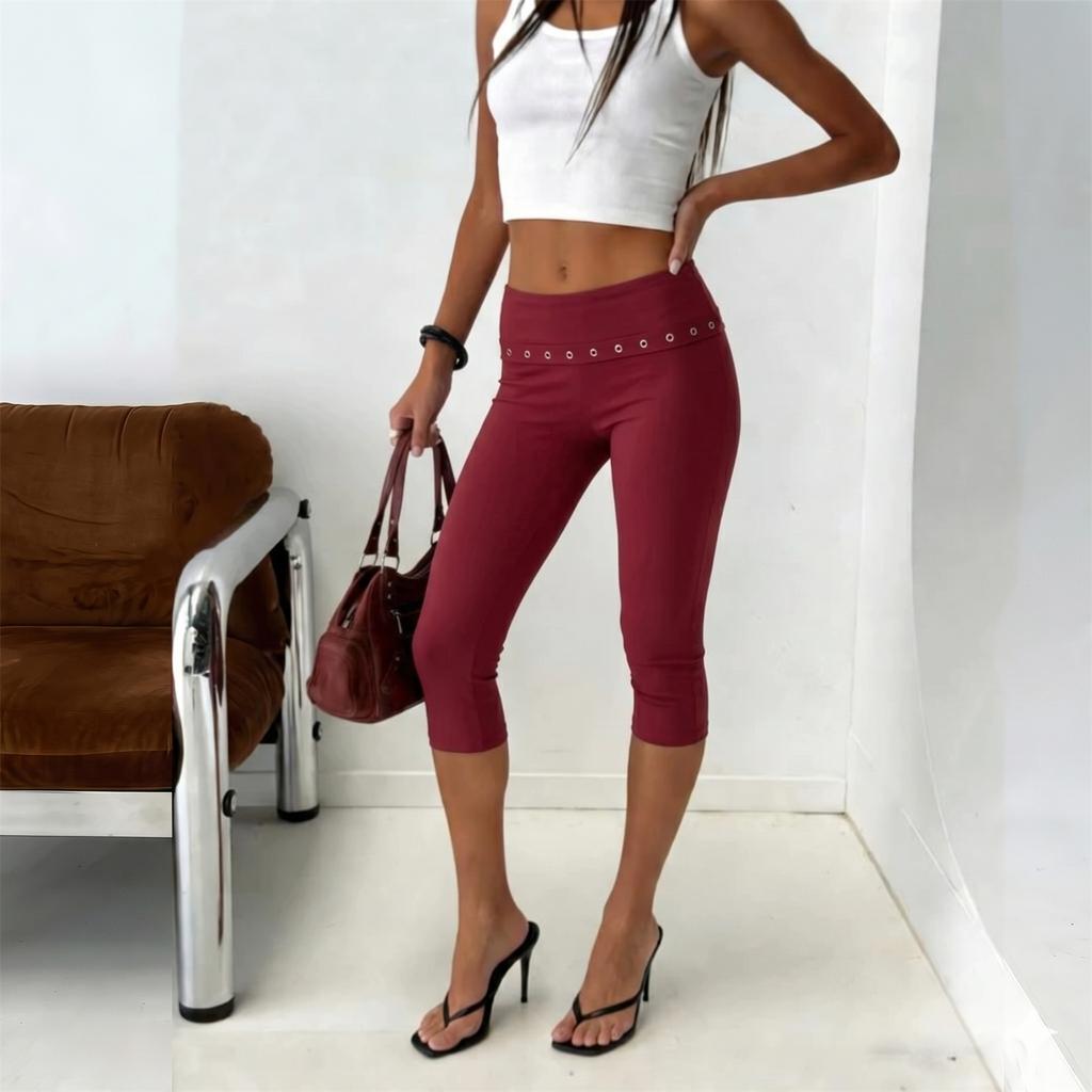Solid Color Slim Fit Capri Leggings with Folded Hem Stretchy Mid-Rise Cropped Pants for Women