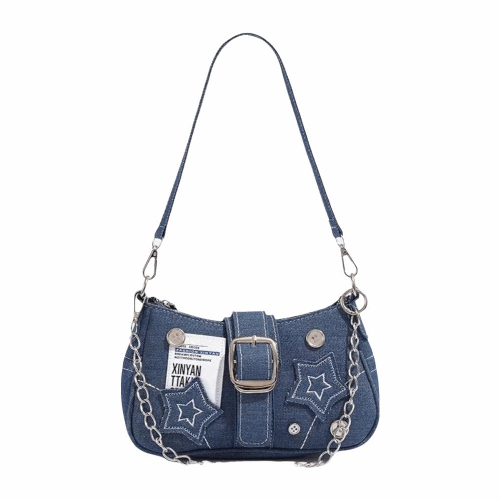 Large Capacity Denim Underarm Bag Vintage Retro Shoulder Bags Gift Stars Pattern Handbags  Daily синий