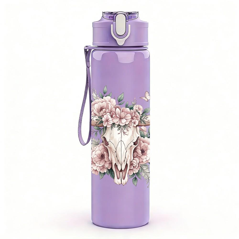 1PC Cow Skull Rose Western Floral Print 750ml Color Plastic Sports Water Bottle Leakproof Flip Straw Lid Suitable for Sports Office Home Use