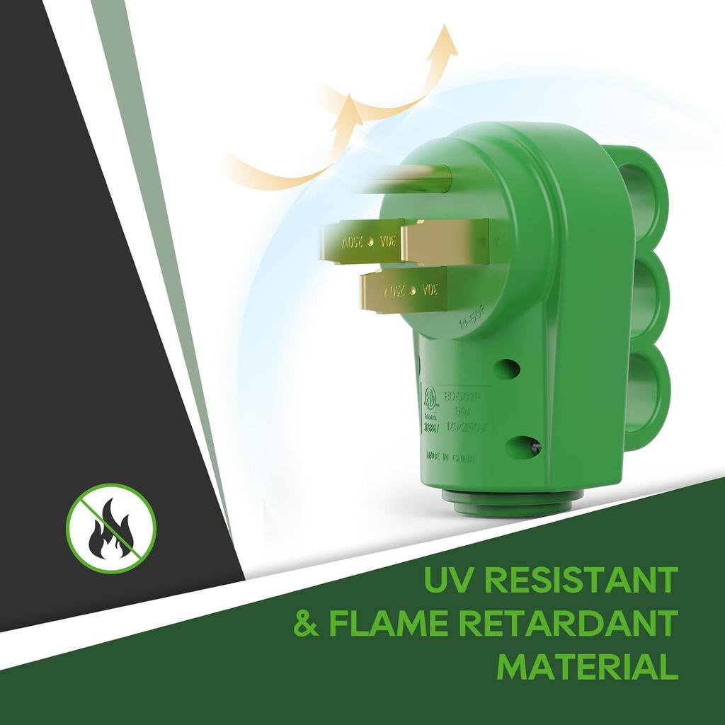 RVGUARD 50 Amp RV Replacement Plug, NEMA 14-50P, 50 Amp 125/250 Volt Replacement Plug With Disconnect Handle, Green